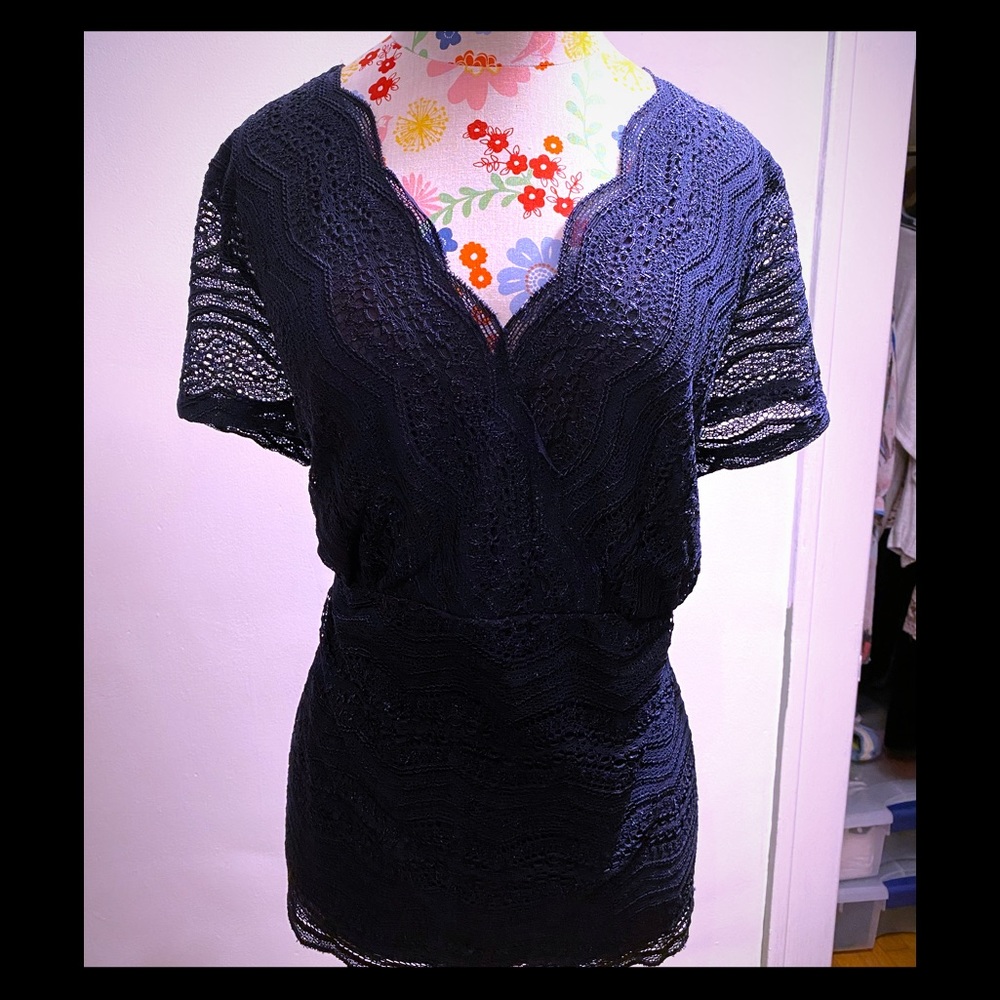 Lane Bryant Navy Faux Wrap Lace Top